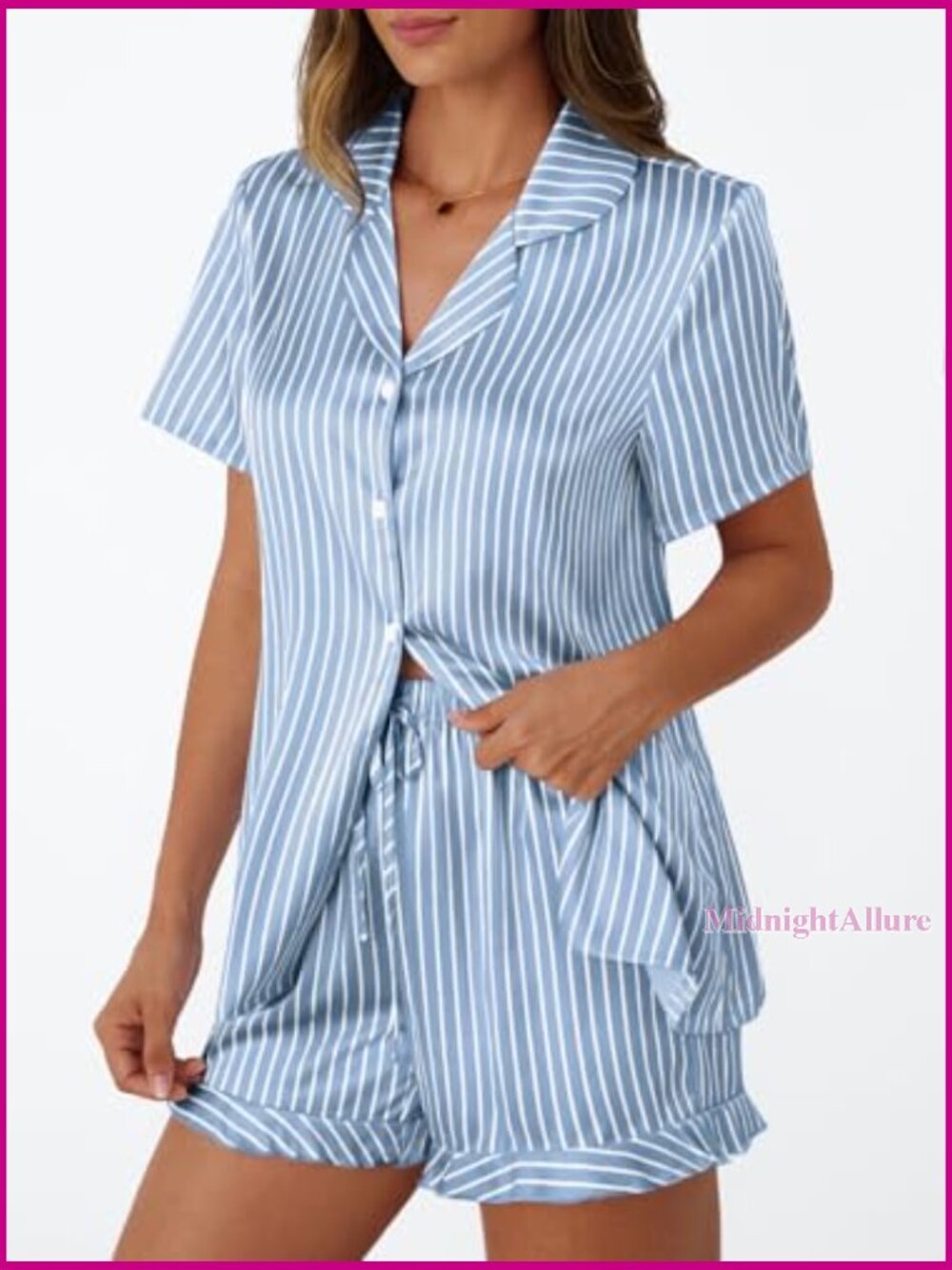 Silk Satin Pajama Set, Short Sleeve Top & Shorts, Lounge Sleepwear - Picture 3 of 6
